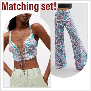 For Love and Lemons Tamara wide leg pants and crop top bustier.